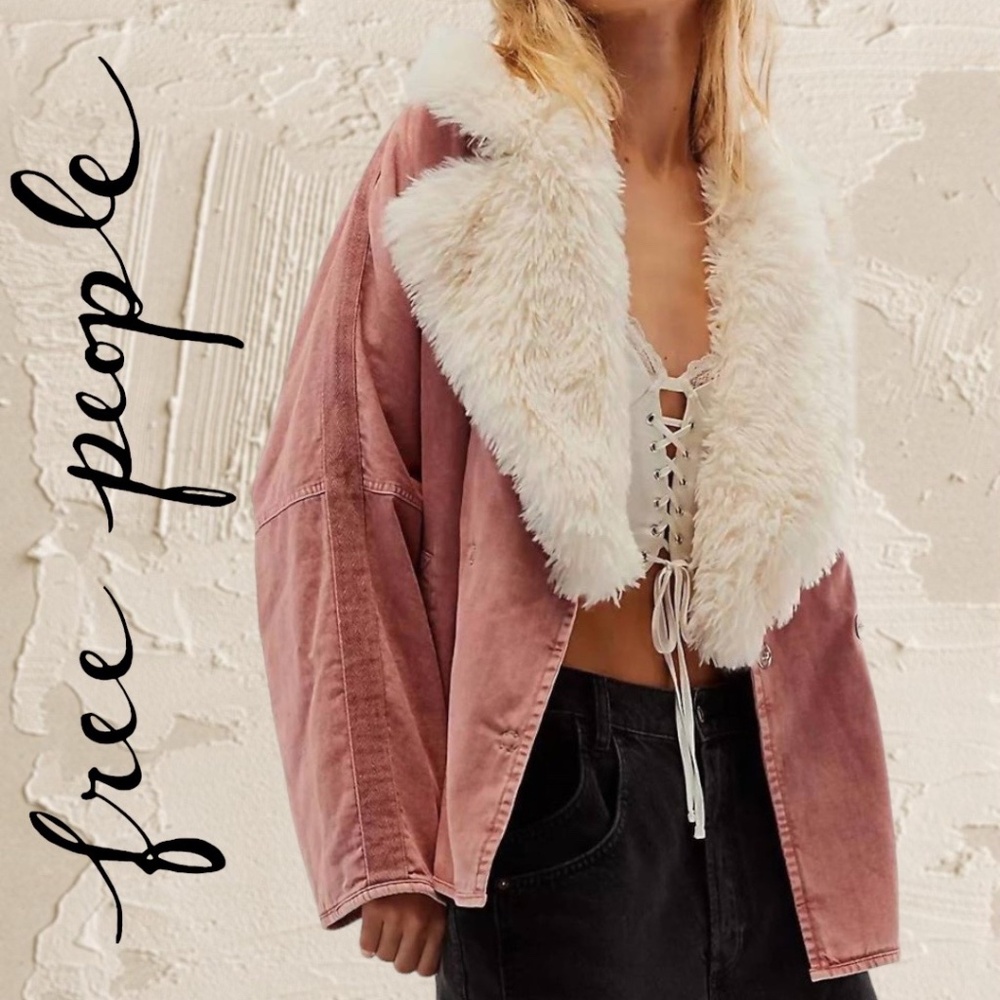 Free People Dusty Rose Utility Jacket with Cream Faux Fur Collar